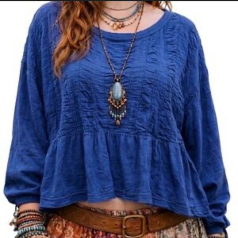 Pilcro | Anthropologie Textured Long Balloon Sleeve Cropped Blue Blouse Top